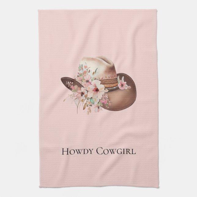Blush Pink Howdy Cowgirl Floral Western Hats Kitchen Towel (Vertical)