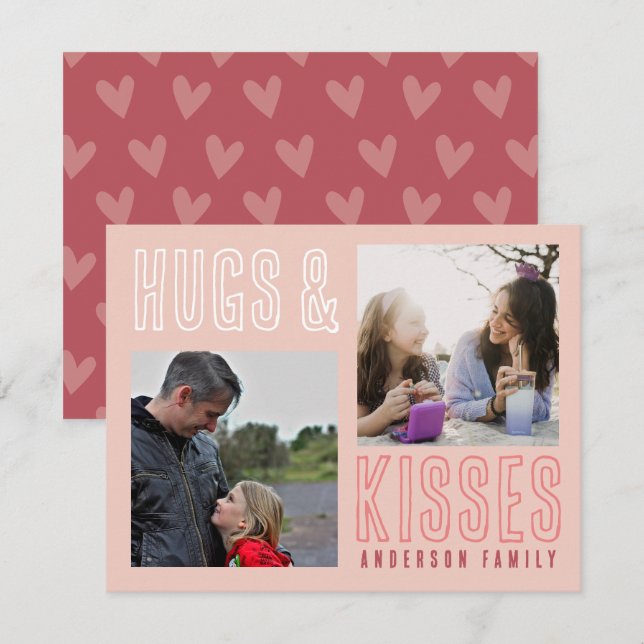 Blush Pink Hugs & Kisses 2 Family Photo Valentine Holiday Card (Front/Back)