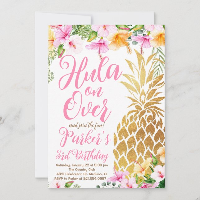 Blush Pink Hula on over, Luau, Pineapple Birthday Invitation (Front)