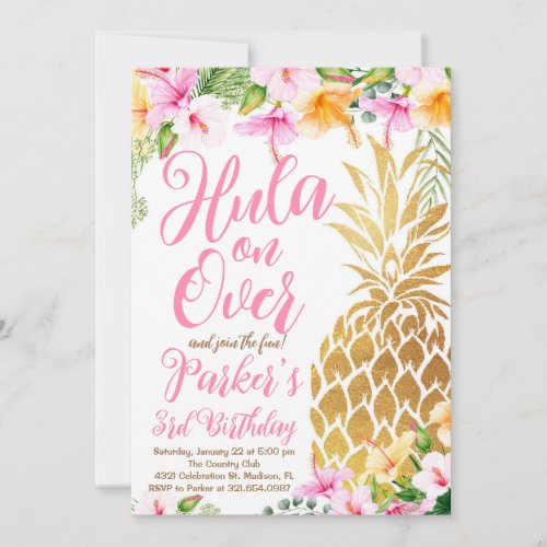 Blush Pink Hula on over Luau Pineapple Birthday Invitation