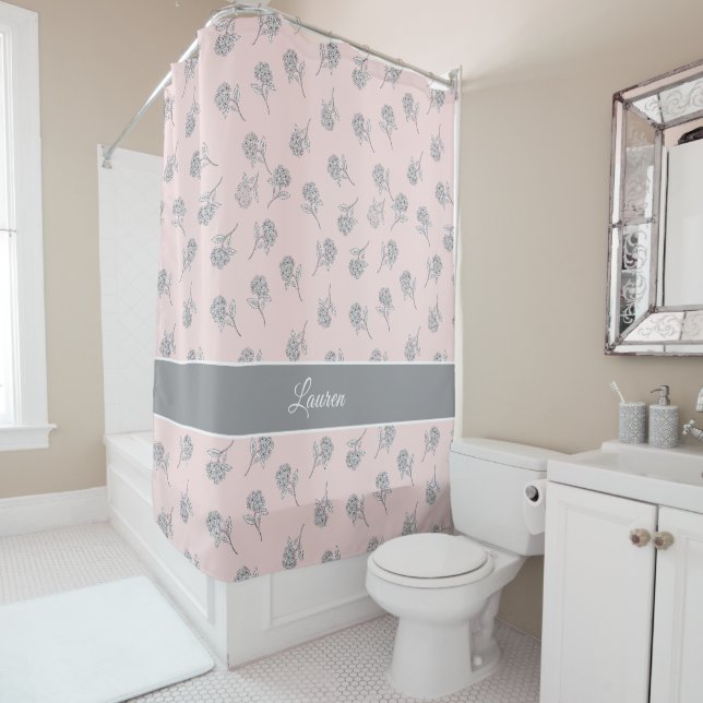 Blush Pink Hydrangea Floral Pattern  Monogram Shower Curtain (In Situ)