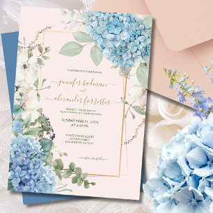 Blush Pink Hydrangea Watercolor Dusty Blue Wedding Invitation