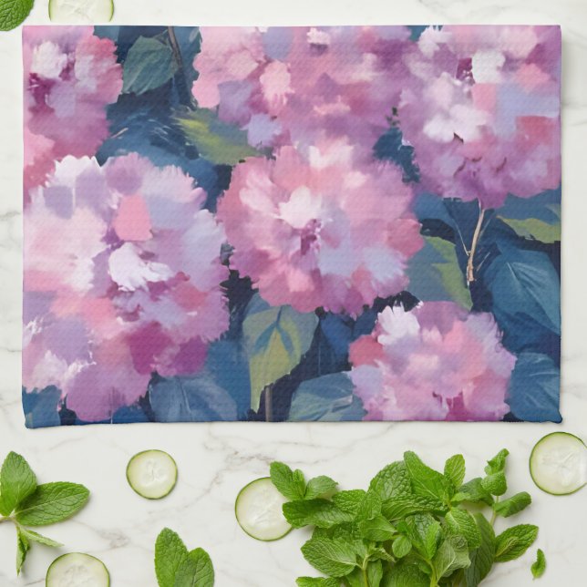 Blush Pink Hydrangeas Floral Kitchen Towel (Folded)