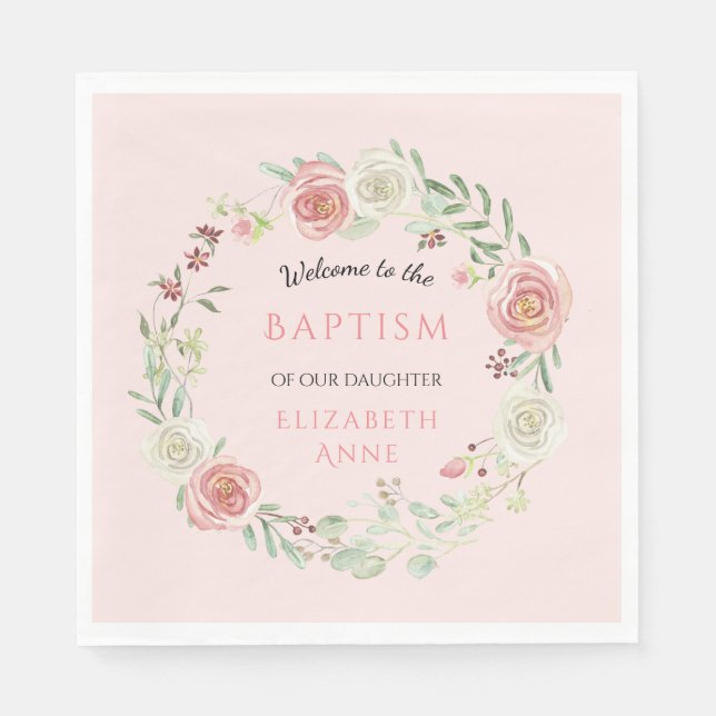 Blush Pink Infant Baptism Girl Baby Floral Wreath Napkins (Front)