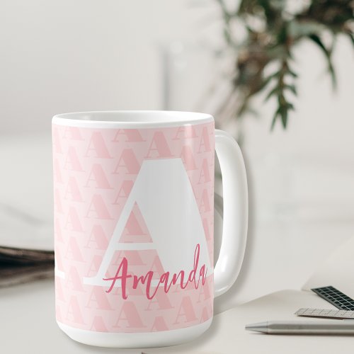 Blush Pink Initial Bold White Letter Script Name  Coffee Mug
