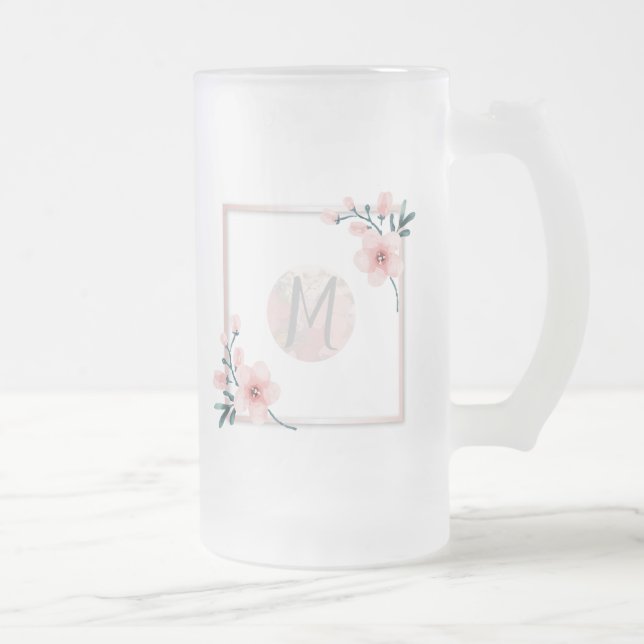 Blush Pink Initial Frame  Frosted Glass Beer Mug (Right)