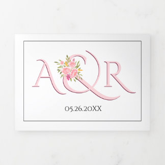 Blush pink initials, ampersand pink roses wedding Tri-Fold invitation