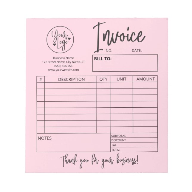 Blush Pink Invoice Bakery Salon Business Logo Notepad (Front)