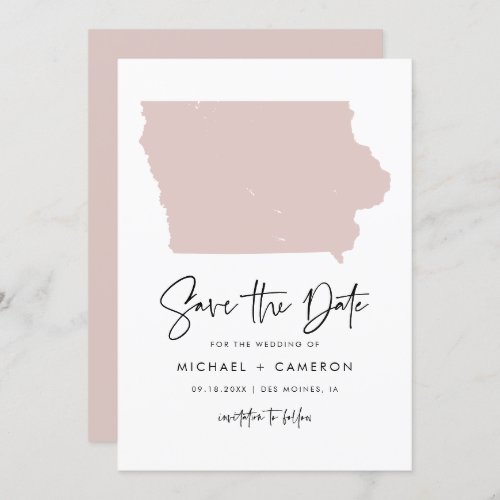 Blush Pink Iowa Map Minimalist Script Wedding Save The Date