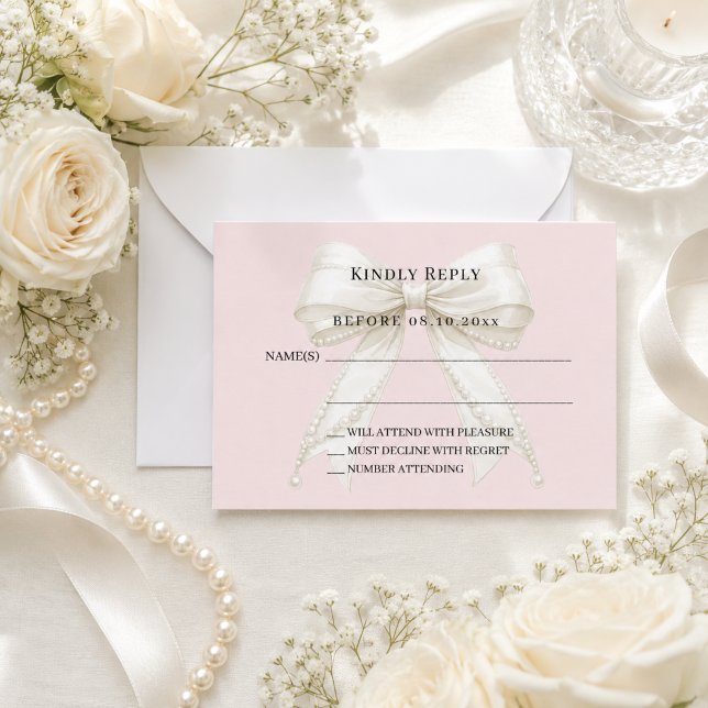 Blush pink ivory bow response RSVP Note Card (Creator Uploaded)