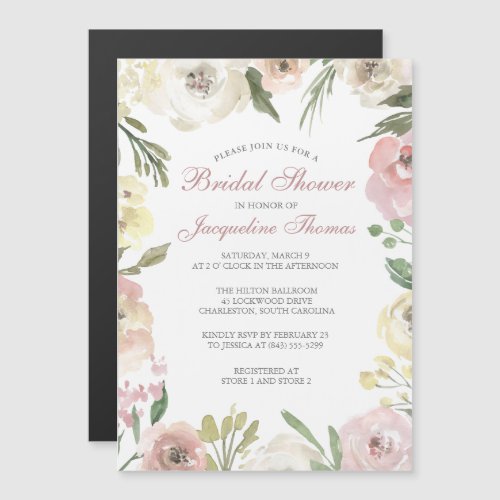 Blush Pink Ivory Floral Elegant Bridal Shower Magnetic Invitation