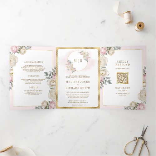 Blush Pink Ivory Floral Gold All in One Wedding Tri_Fold Invitation