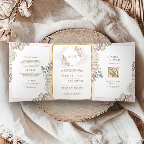Blush Pink Ivory Floral Gold All in One Wedding Tri_Fold Invitation