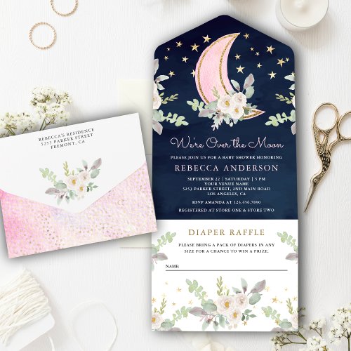 Blush Pink Ivory Floral Moon Navy Blue Baby Shower All In One Invitation