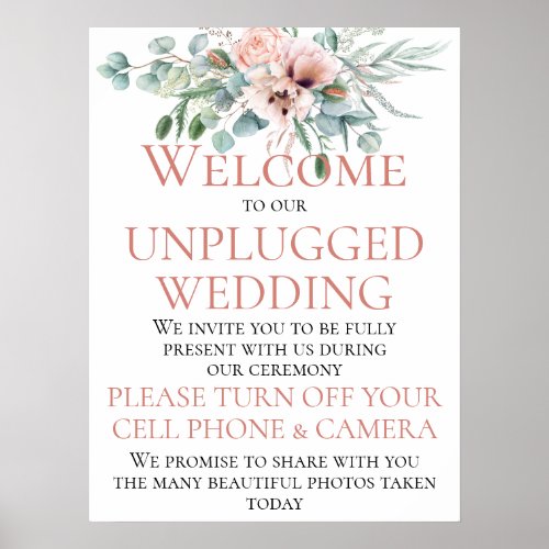 Blush Pink Ivory Floral Unplugged Wedding Ceremony Poster