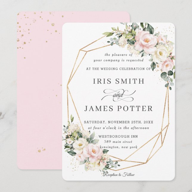 Blush Pink Ivory Floral Wedding Gold Geometric Invitation (Front/Back)