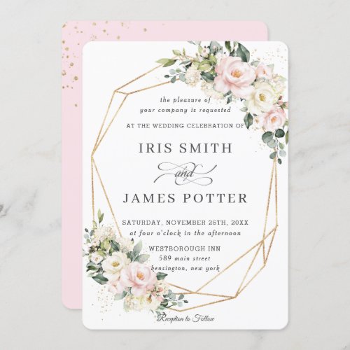 Blush Pink Ivory Floral Wedding Gold Geometric Invitation