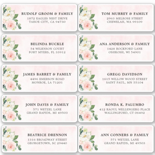 Blush Pink Ivory Floral Wedding Guest Address Sticker (Front)