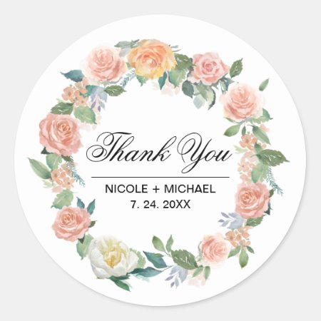 Blush Pink Ivory Floral Wreath Wedding Thank You Classic Round Sticker