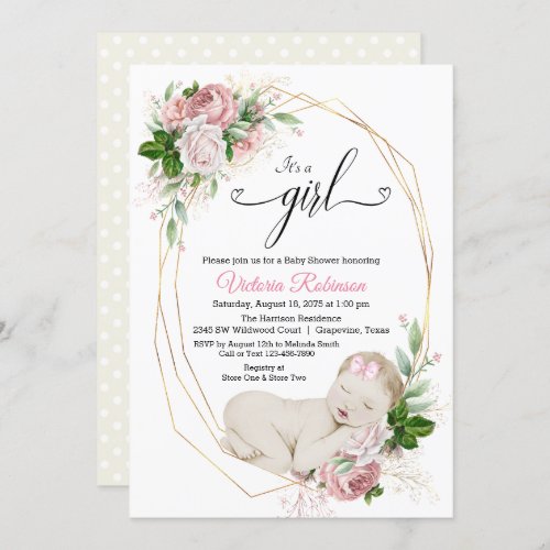 Blush Pink Ivory Gold Girl Watercolor Baby Shower Invitation