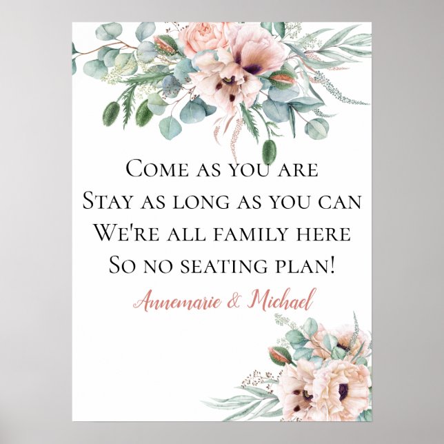 Blush Pink & Ivory No Seating Plan Wedding Sign (Front)