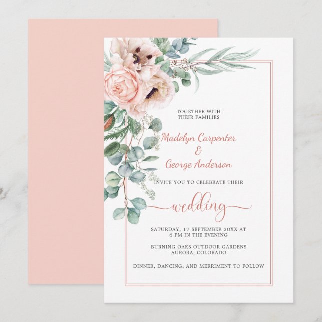 Blush Pink Ivory Poppies and Peonies Frame Wedding Invitation (Front/Back)