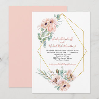 Blush Pink Ivory Poppies Greenery Gold Geometric Invitation
