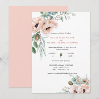 Blush Pink Ivory Poppies Greenery Watercolor Invitation