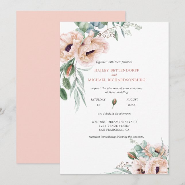Blush Pink Ivory Poppies Greenery Watercolor Invitation (Front/Back)