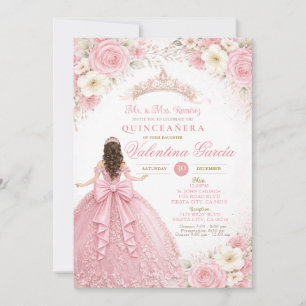  Blush Pink Ivory Quinceañera Pink Bow Invitation