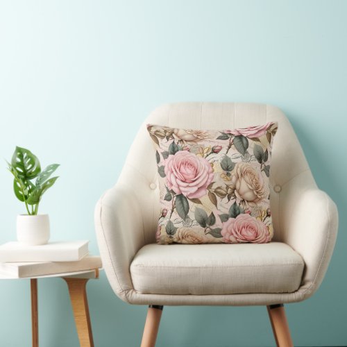 Blush Pink  Ivory Roses Elegant Floral  Throw Pillow