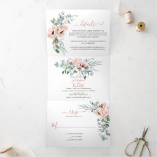 Blush Pink & Ivory Watercolor Floral Wedding Tri-Fold Invitation