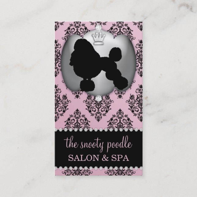 Blush Pink Jeweled Damask Dog Grooming/Spa Business Card (Front)