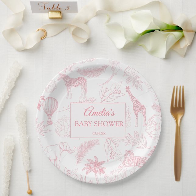 Blush Pink Jungle Safari Animals Baby Shower Paper Plates (Wedding)