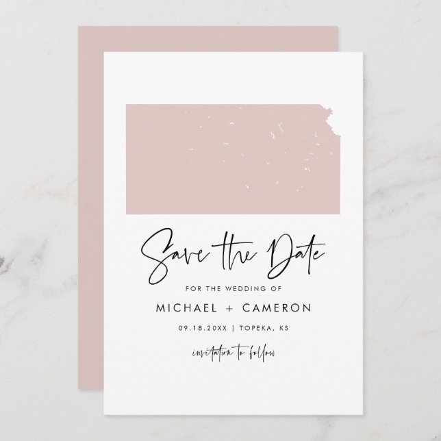 Blush Pink Kansas Map Minimalist Script Wedding Save The Date (Front/Back)