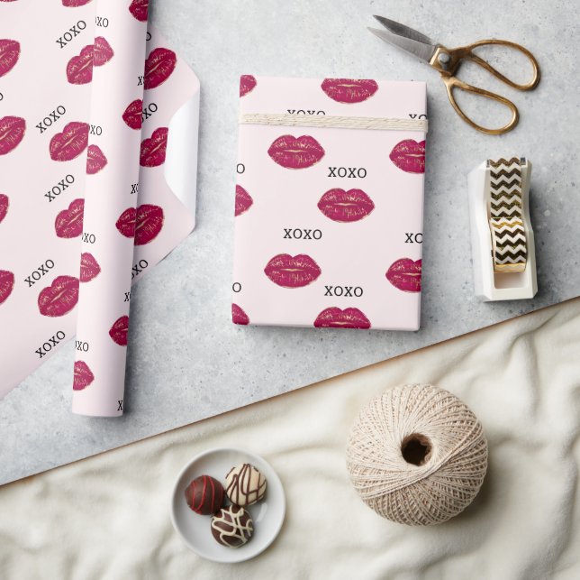 Blush Pink Kiss Red Lips XOXO Wrapping Paper (Crafts)