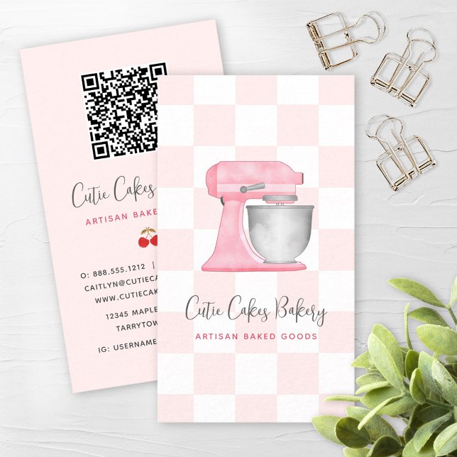 Blush Pink Kitchen Mixer Checkered QR Code Bakery Business Card (Creator Uploaded)