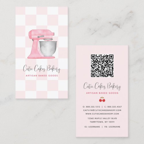 Blush Pink Kitchen Mixer Checkered QR Code Bakery Business Card
