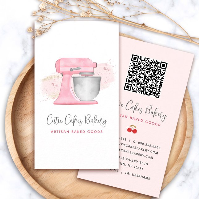 Blush Pink Kitchen Mixer Logo QR Code Bakery Chef Business Card (Creator Uploaded)