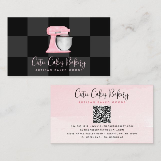 Blush Pink Kitchen Mixer QR Code Black Checkered Business Card (Front/Back)