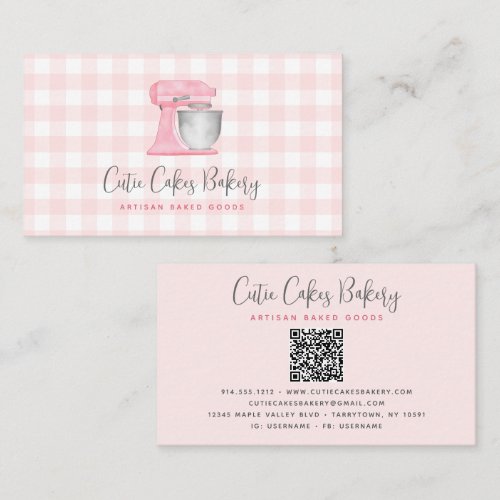 Blush Pink Kitchen Mixer QR Code Gingham Bakery Business Card
