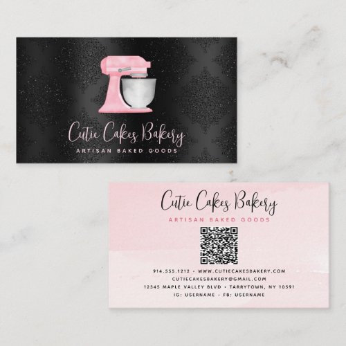 Blush Pink Kitchen Mixer QR Code on Black Bakery Business Card