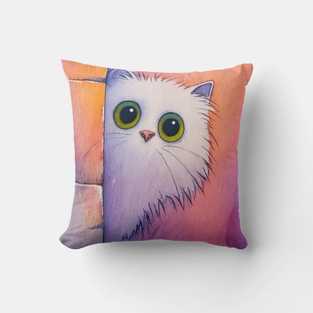 Blush Pink Kitty Whimsical Watercolor Art Throw Pillow (Front)