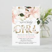 Blush pink lace burlap floral girl baby shower invitation (Standing Front)