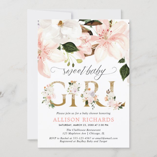 Blush pink lace burlap floral girl baby shower invitation (Front)