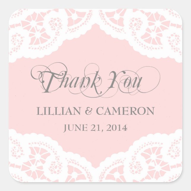 Blush Pink Lace Doily Thank You Name Stickers (Front)