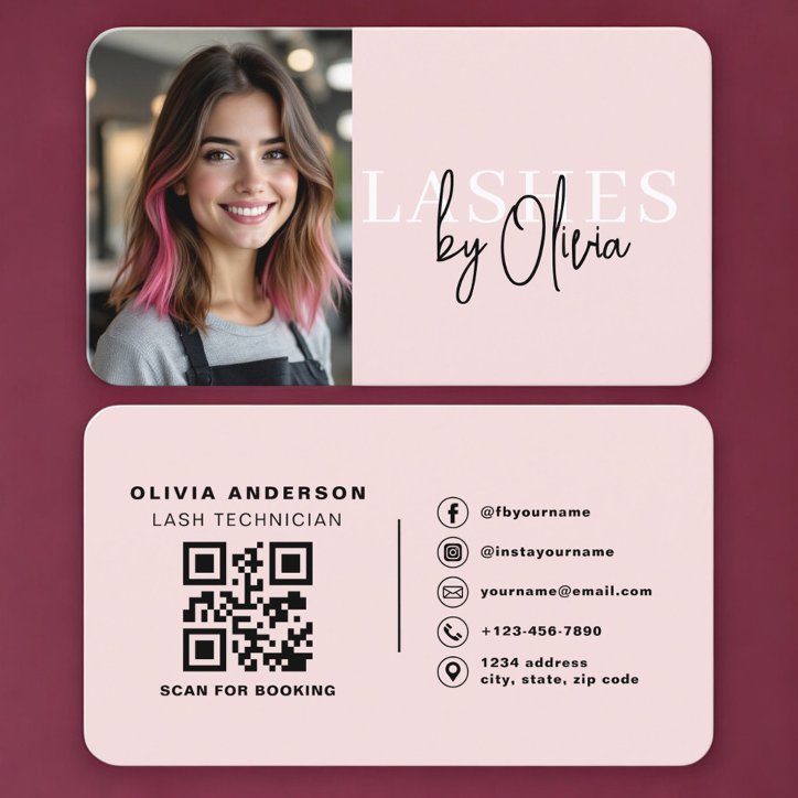 Blush Pink Lash Technician Photo QR Code Business Card