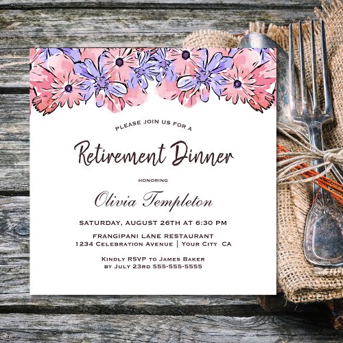 Blush Pink Lavender Floral Retirement Dinner Invitation