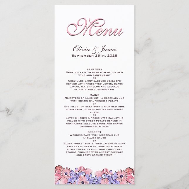 Blush Pink Lavender Floral Wedding Menu (Front)