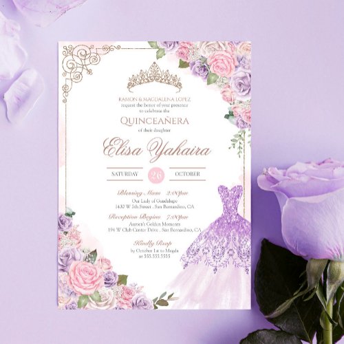 Blush Pink Lavender Purple Elegant Quinceanera  Invitation